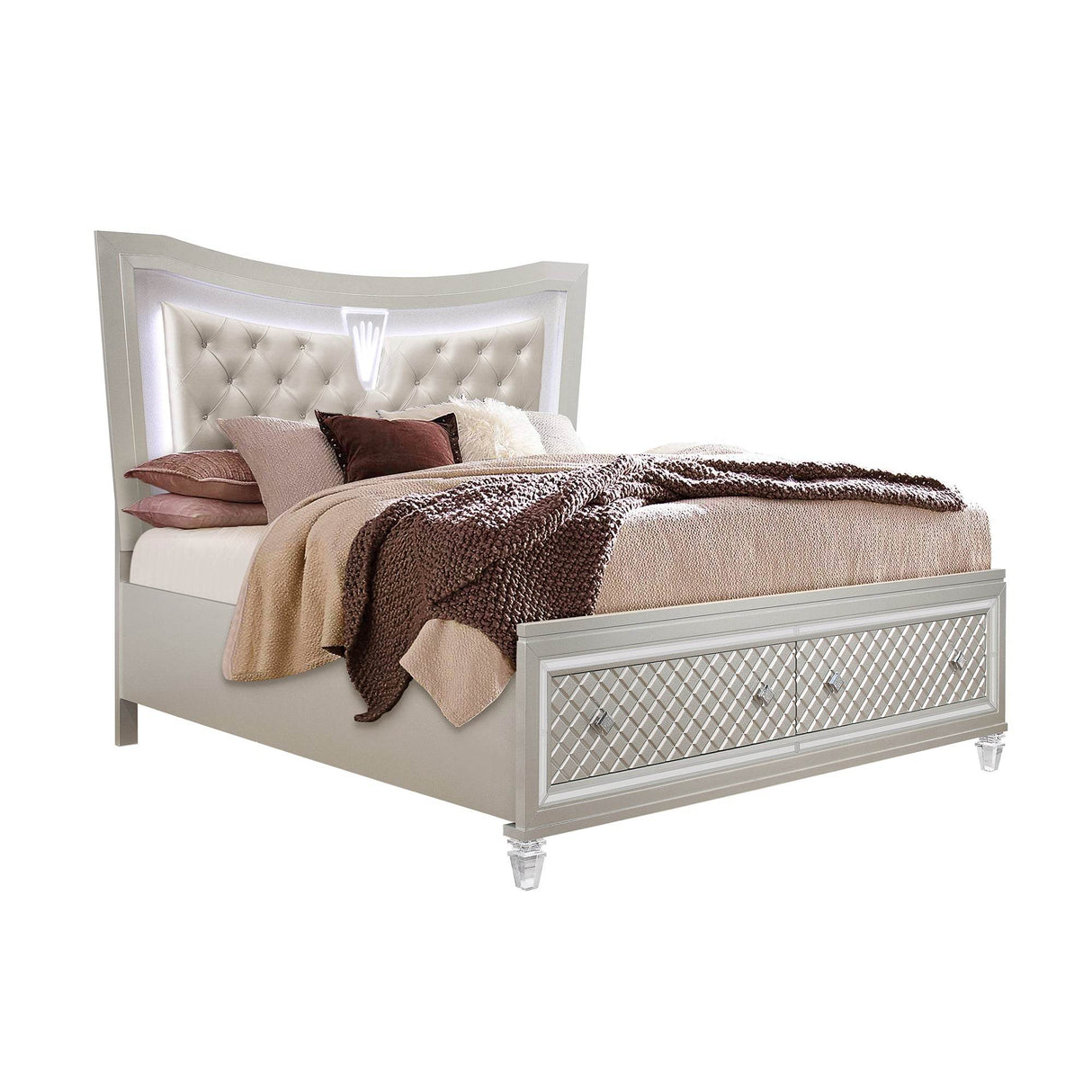 Queen Glam Panel Bed With LED Headboard Solid Wood MDF