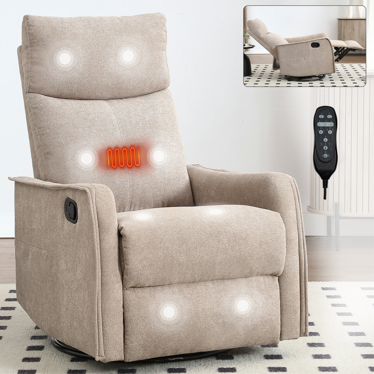 Medium-Firm Heat Massage Recliner Chair With Swivel and Rocker