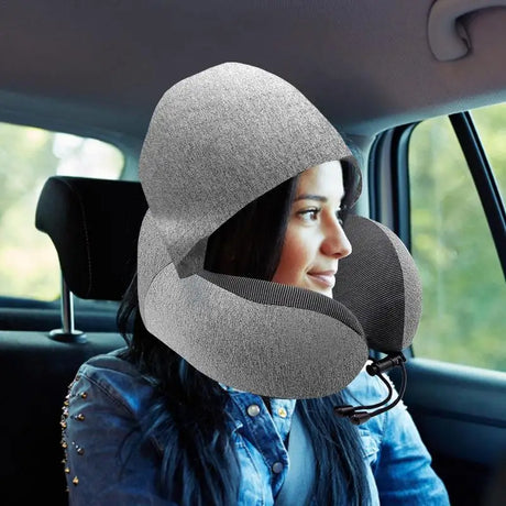 Travel U-Shaped Pillow Memory Foam Hooded Neck Pillow with Storage Bag Portable Sleeping Pillows for Car Office Aircraft Siesta