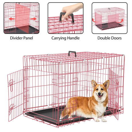 42 Inch Dog Crate, Dog Crates and Kennels Foldable Large Dog Crate for Large Dogs with Handle Double-Door Outdoor Metal Wire Dog Cage with Plastic Tray for Medium Dogs, Black