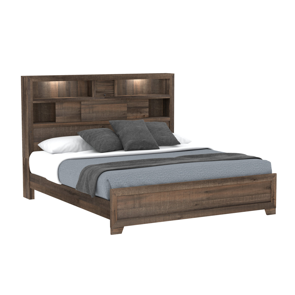 Queen Solid Wood Brown Bookcase Bed Frame