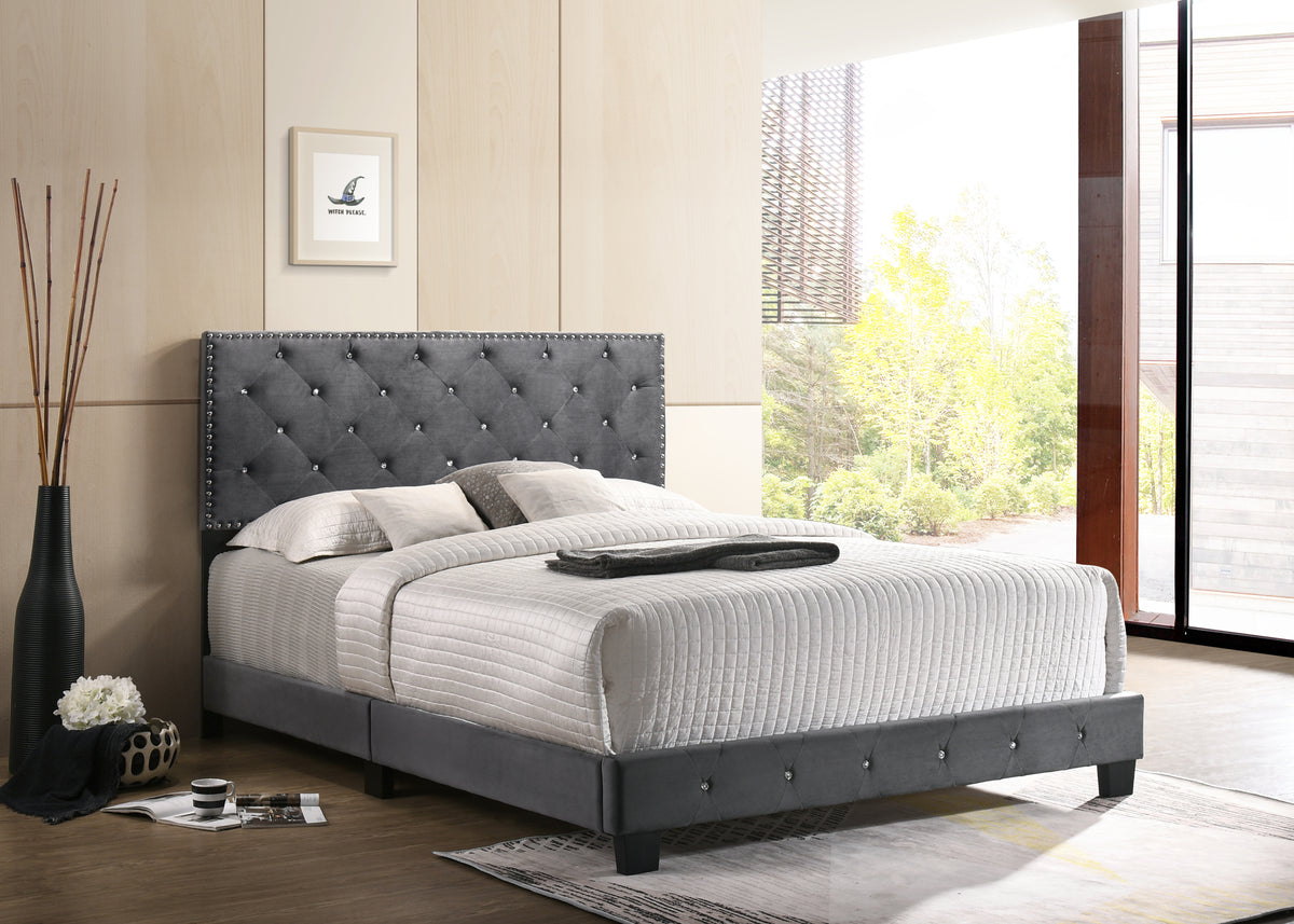 Transitional Gray Velvet King Bed Frame with Foam Upholstery