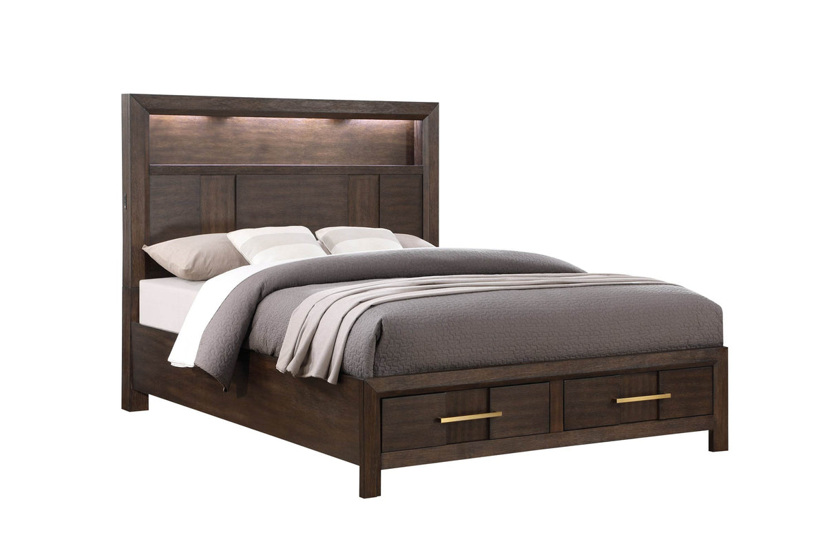 Modern King Wood Bed Frame With LED Bookshelf