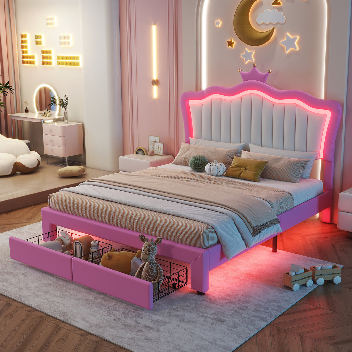 Full Upholstered Full Size Bed Frame With LED Lights