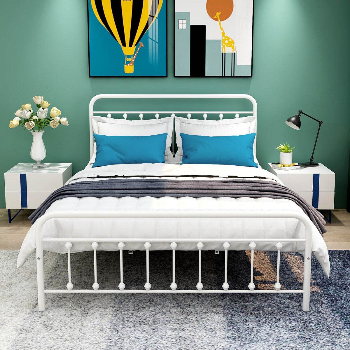 Queen Metal Platform Bed Frame With Victorian Headboard