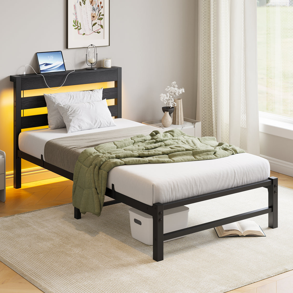 Twin Heavy Duty Metal Platform Bed Frame With USB