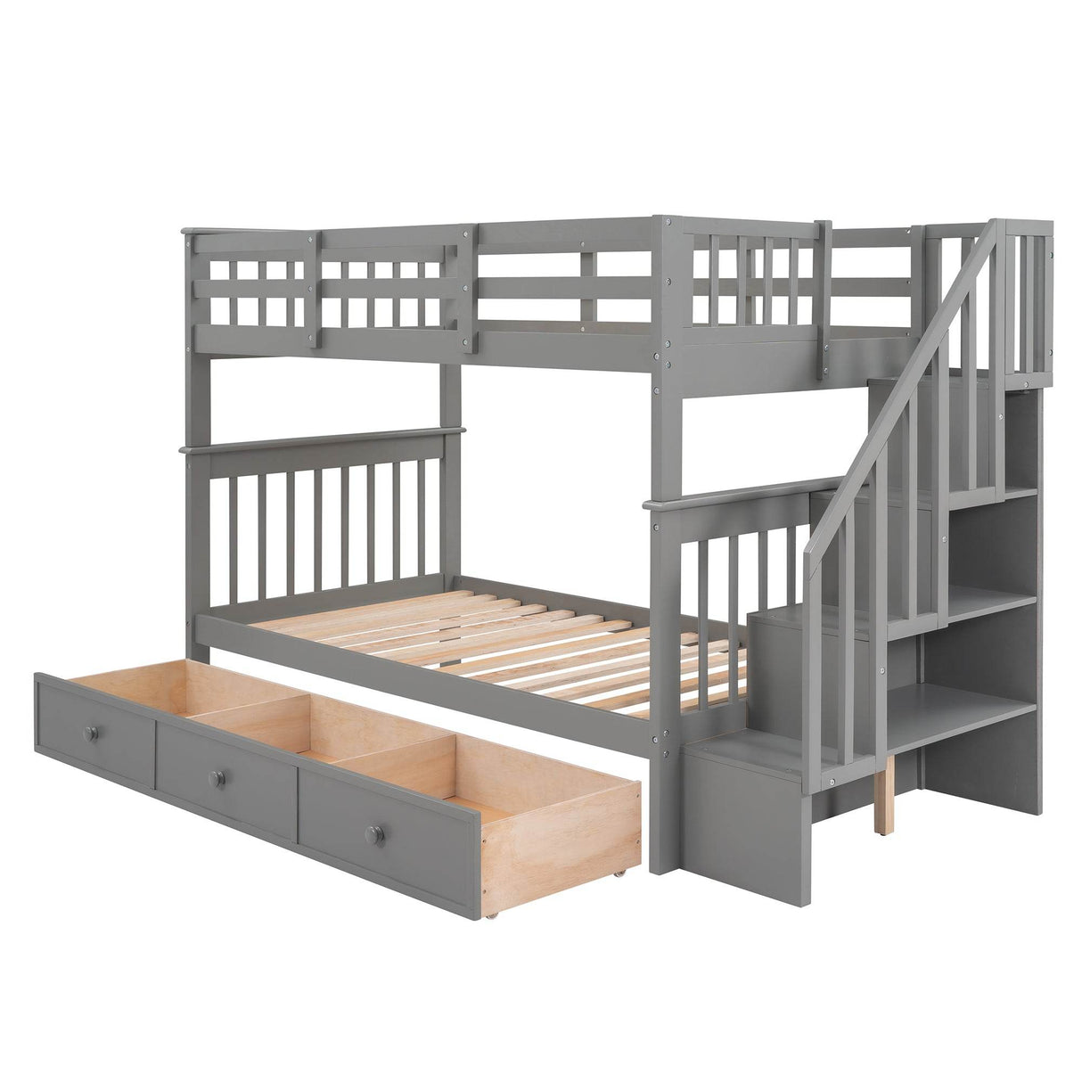 Twin Over Twin Solid Wood Bunk Bed With Stairway Storage
