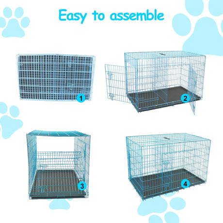 Durable Wire Dog Crate, Folding Metal Dog Kennel Double Door Dog Cage with Plastic Tray, Pet Crate for Large Dog Indoor Outdoor Travel (Blue, 36 Inch)
