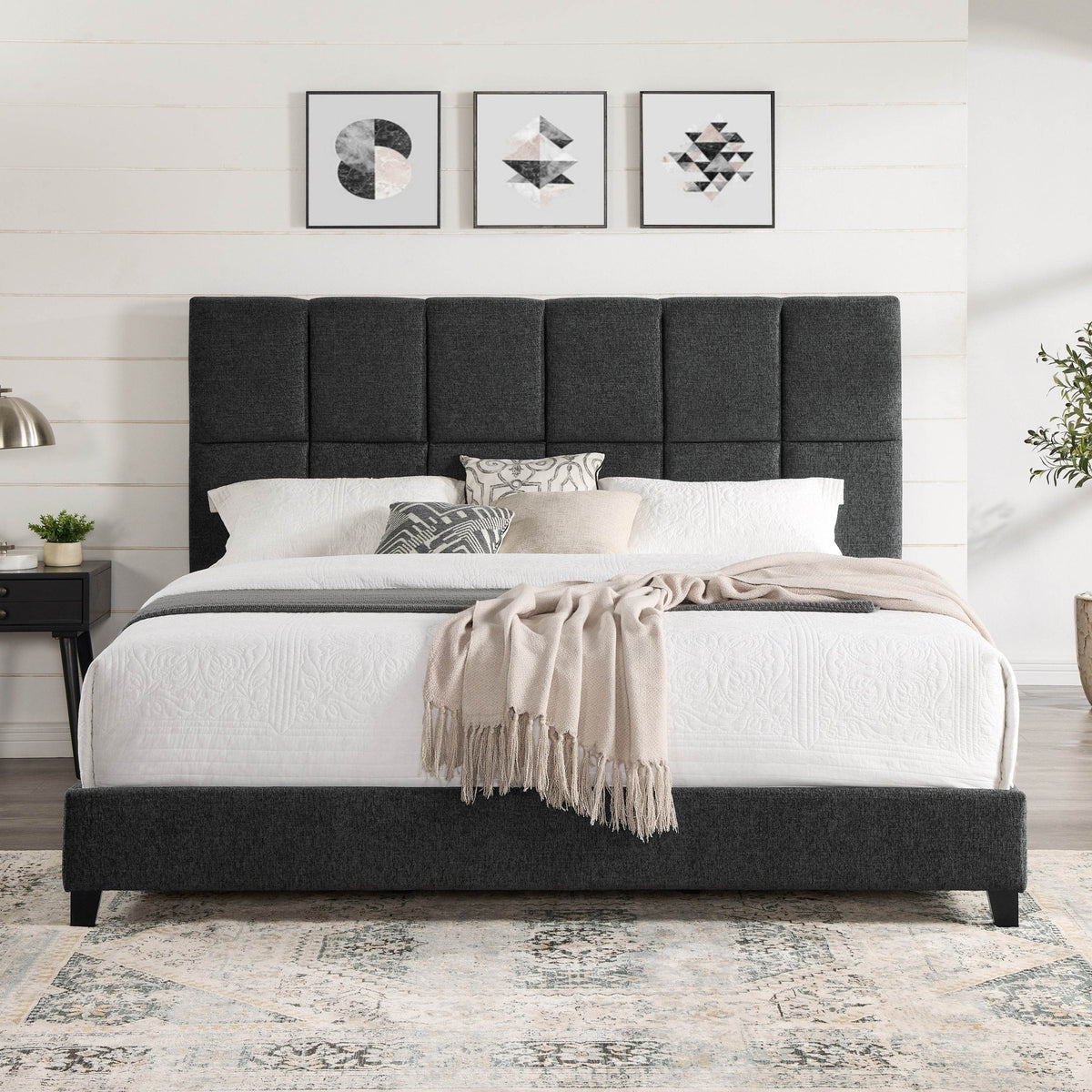 Contemporary Grey Upholstered King Size Platform Bed Frame
