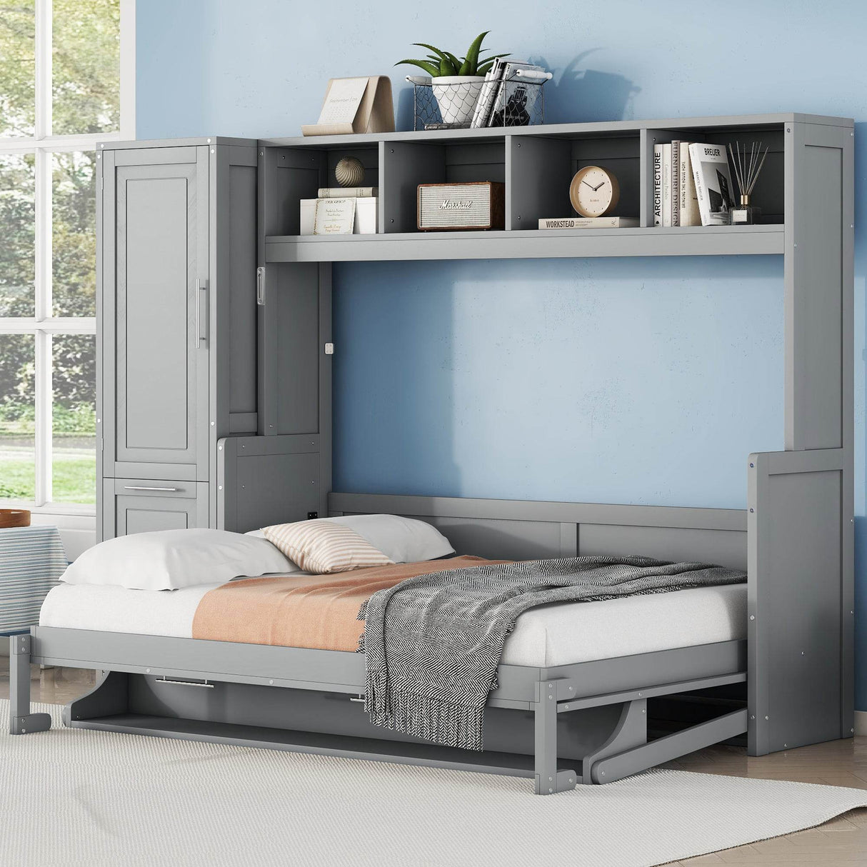 Full Murphy Bed With Closet Drawers Storage Gray Full