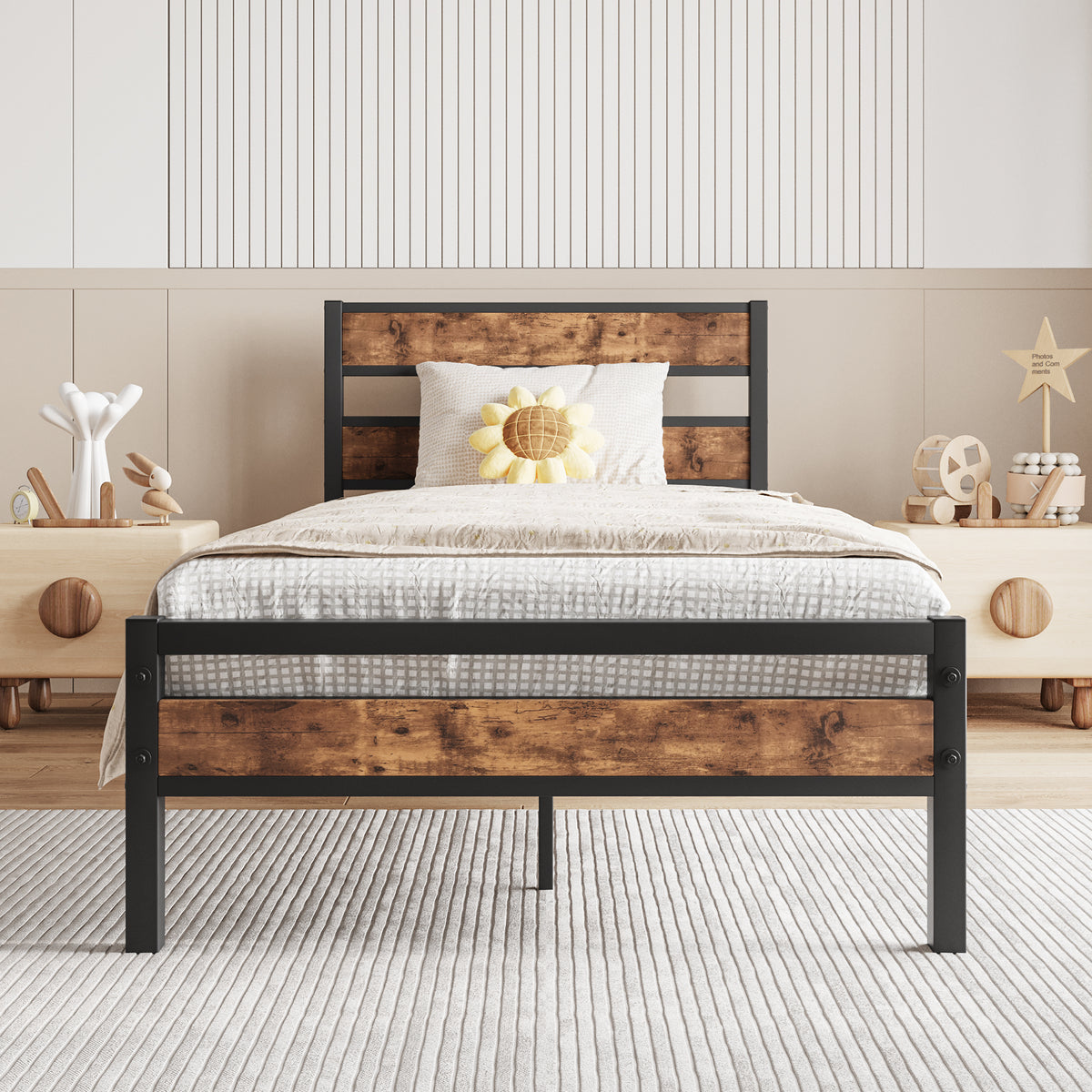 Twin Industrial Metal Wood Platform Bed Frame