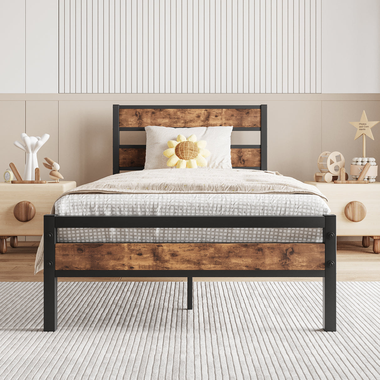Twin Industrial Metal Wood Platform Bed Frame