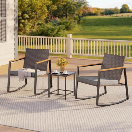 Gizoon 3 Pieces Rocking Patio Bistro Set with Anti-Scald Armrest, Outdoor Patio Wicker Furniture Set with Glass Table and Cushion for Garden, Yard, Porch Swing Chair Durable