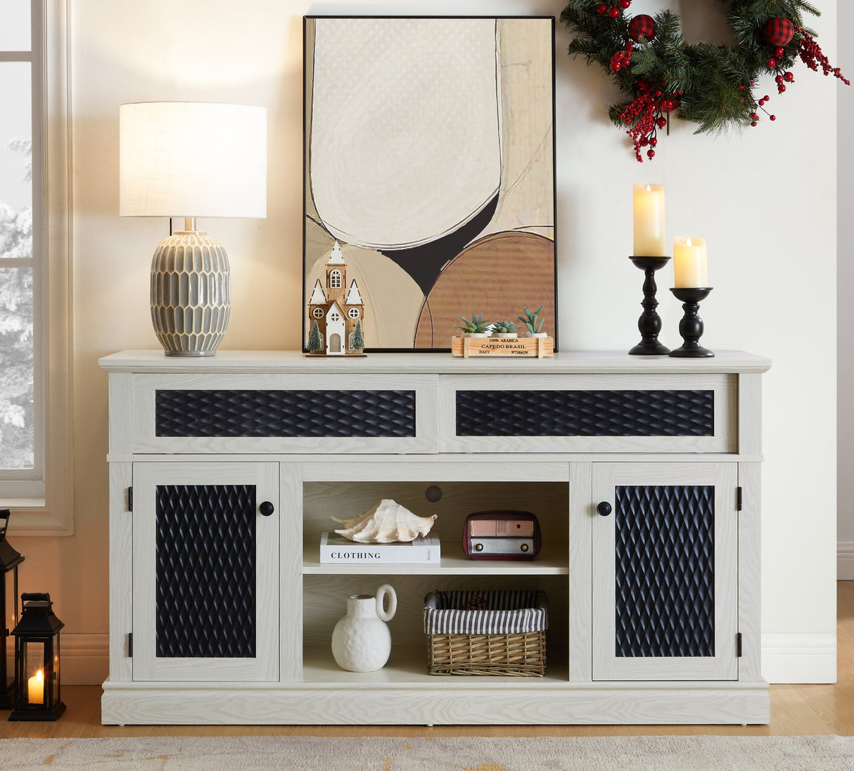 Embossed White MDF TV Stand With Storage and Cord Management