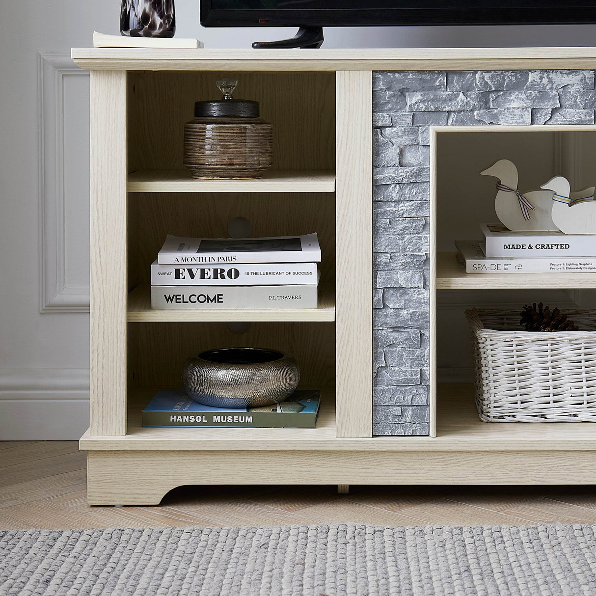 White Faux Stone Entertainment Console TV Stand - Sleep Galleria