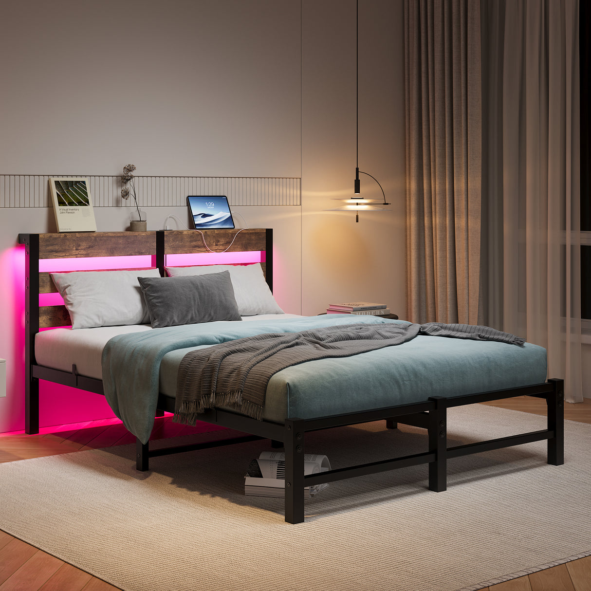Full Metal And Wood Full Bed Frame With RGB Lights
