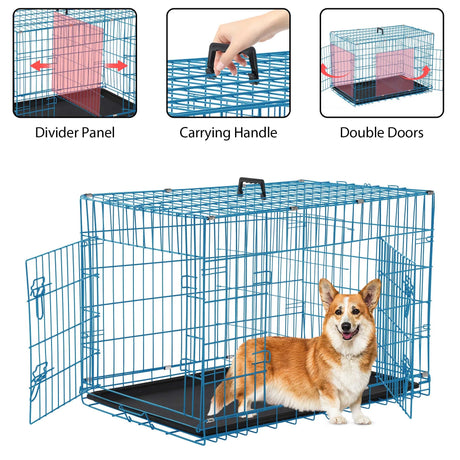 42 Inch Dog Crate, Dog Crates and Kennels Foldable Large Dog Crate for Large Dogs with Handle Double-Door Outdoor Metal Wire Dog Cage with Plastic Tray for Medium Dogs, Black