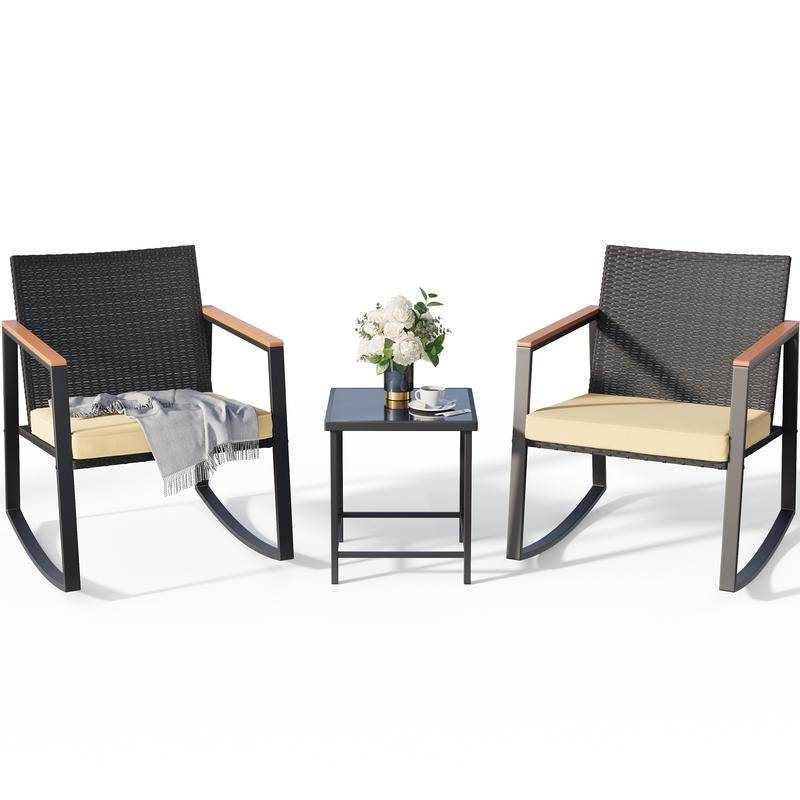Gizoon 3 Pieces Rocking Patio Bistro Set with Anti-Scald Armrest, Outdoor Patio Wicker Furniture Set with Glass Table and Cushion for Garden, Yard, Porch Swing Chair Durable