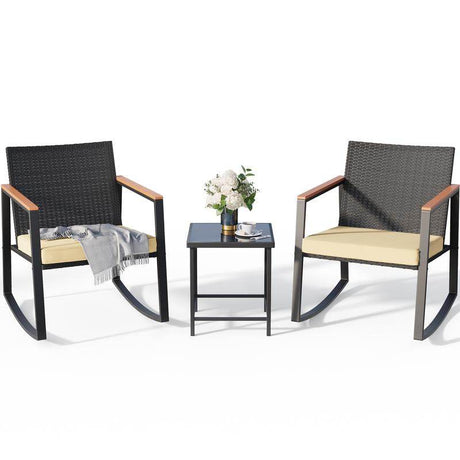 Gizoon 3 Pieces Rocking Patio Bistro Set with Anti-Scald Armrest, Outdoor Patio Wicker Furniture Set with Glass Table and Cushion for Garden, Yard, Porch Swing Chair Durable