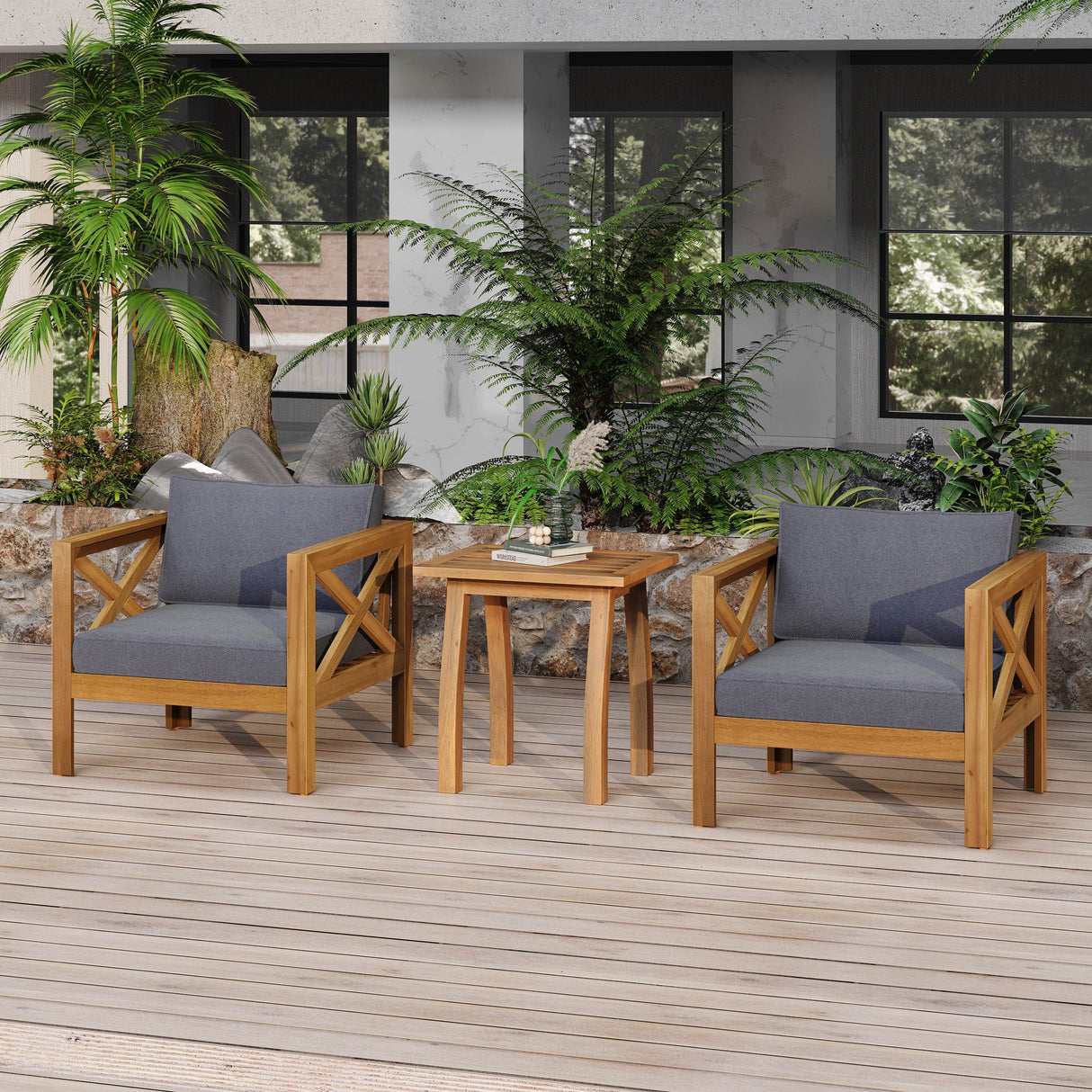 Set of 2 Acacia Wood Outdoor Club Chairs With End Table