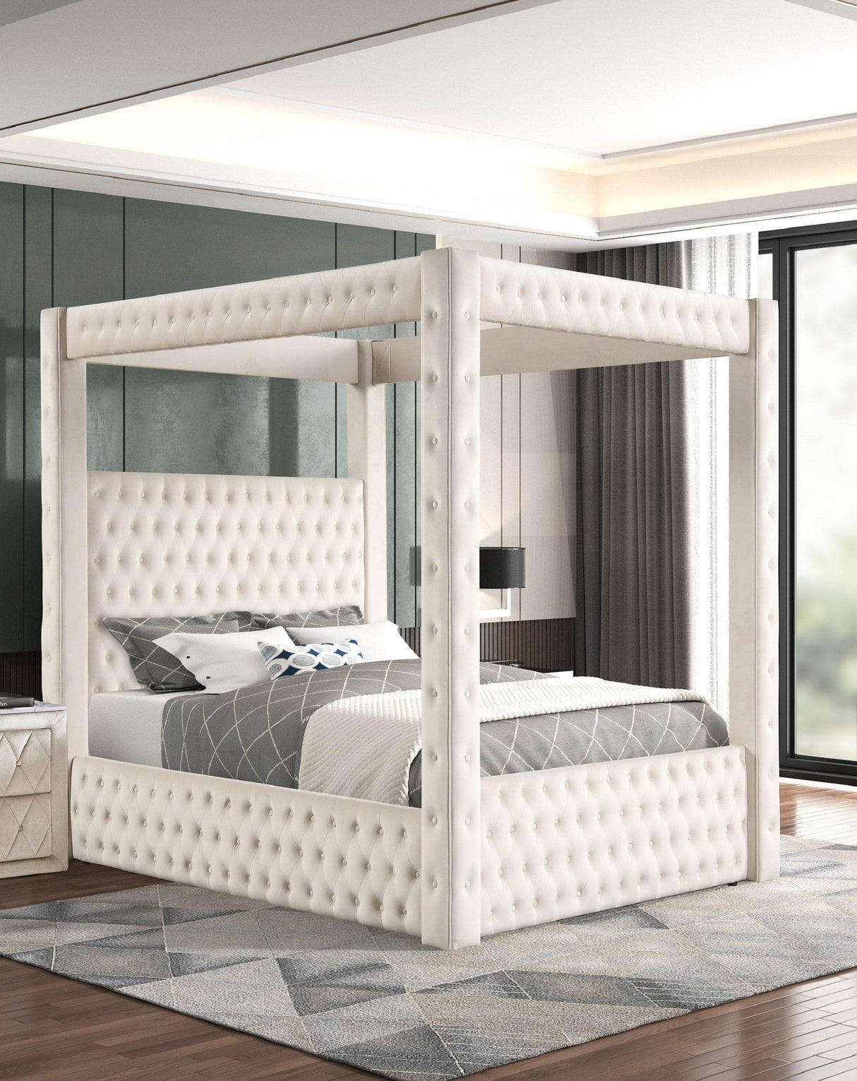 Majestic Ivory Velvet Four-Poster King Bed Frame