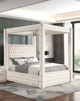 Majestic Ivory Velvet Four-Poster King Bed Frame