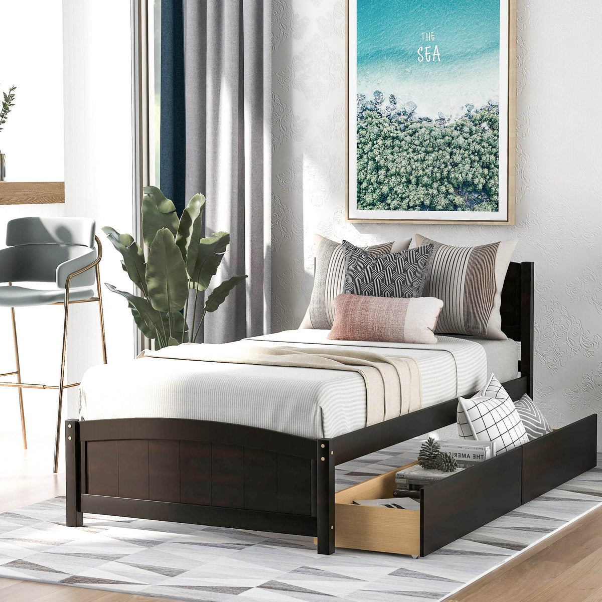 Twin Solid Wood Platform Bed With Two Drawers