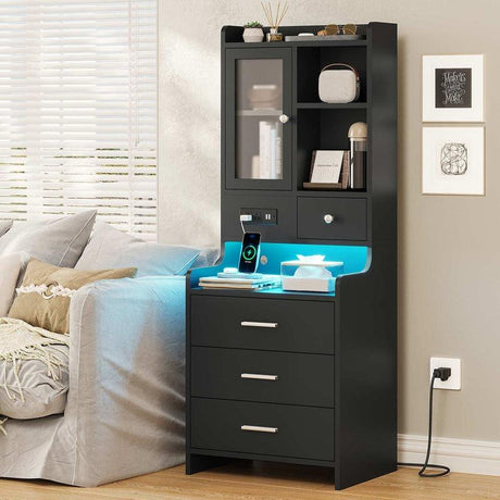 Sikaic LED Tall Nightstand with Charging Station Drawers Shelves Glass Door Storage