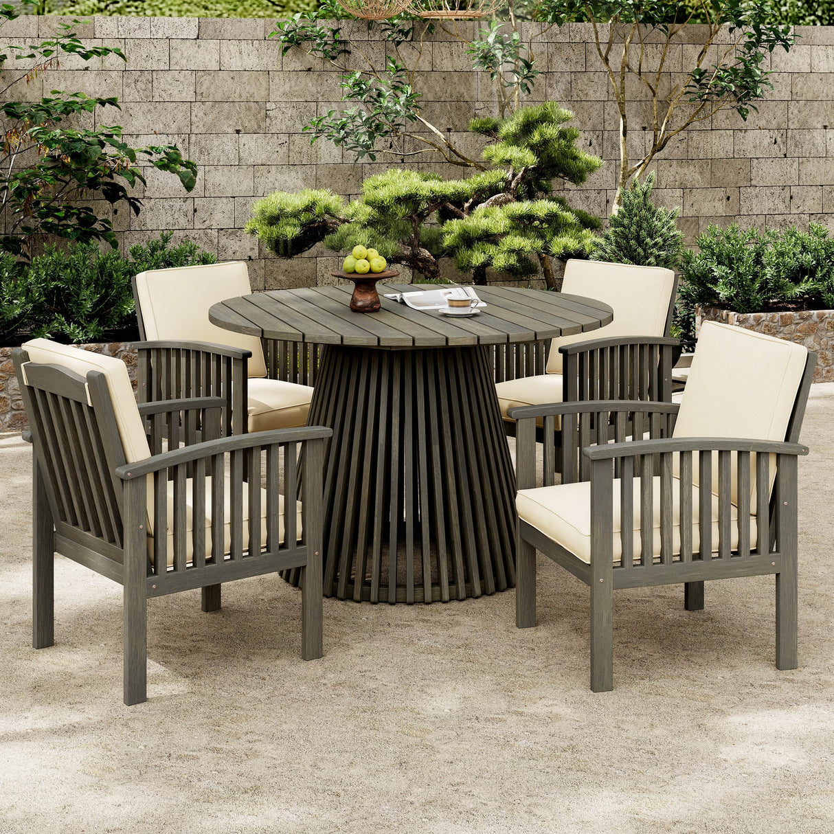Outdoor Acacia Wood Patio Dining Set With Four Club Chairs