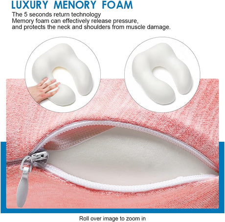 Travel Pillow Memory Foam Neck Pillow, Skin-Friendly and Breathable Pillowcase with 3D Eye Mask, Earplugs and Portable Storage Bag, Suitable for Airplane, Train and Home Use
