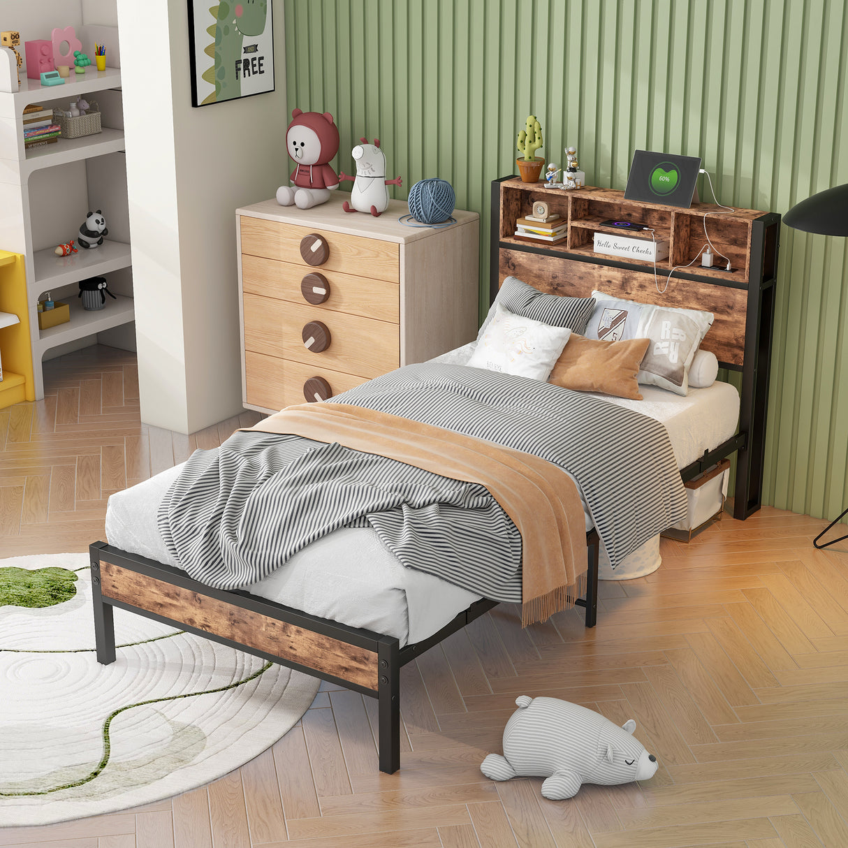 Twin Industrial Metal Wood Platform Bed Frame With Charging Station