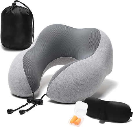 Travel Pillow Memory Foam Neck Pillow, Skin-Friendly and Breathable Pillowcase with 3D Eye Mask, Earplugs and Portable Storage Bag, Suitable for Airplane, Train and Home Use