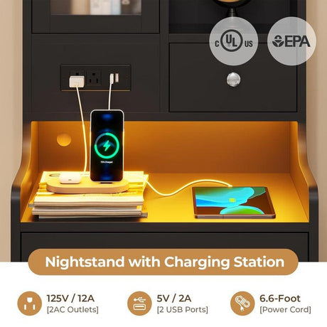 Sikaic LED Tall Nightstand with Charging Station Drawers Shelves Glass Door Storage