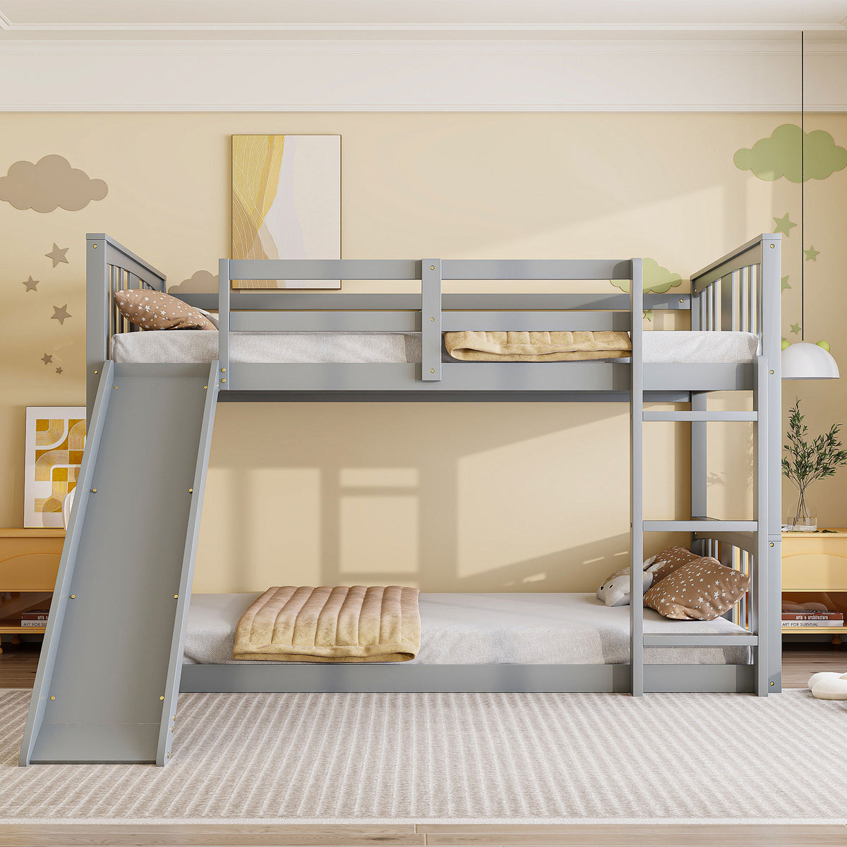 Twin Over Twin Pine Wood Bunk Bed With Slide Ladder