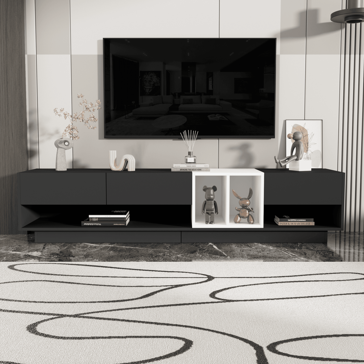 Sleek Two-Tone Black Particle Board TV Stand - Sleep Galleria