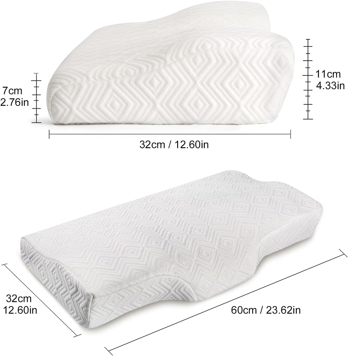 Cervical Pillow Memory Foam Contour Pillow, Orthopedic Gentle Pillows for Back&Side Sleeper Relieve Shoulder and Neck Pain with Washable Hypoallergenic Pillowcase（23.62"X12.60"X4.33"/2.76"）