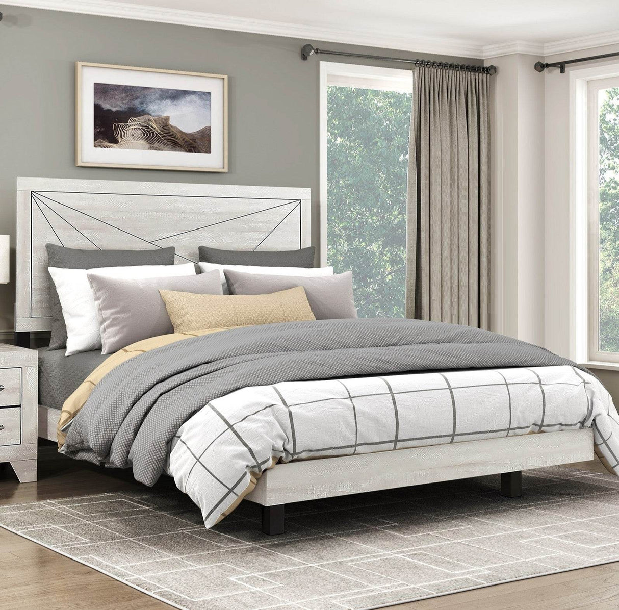 Contemporary King Size Dusty Gray Oak Wood Bed Frame
