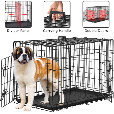 42 Inch Dog Crate, Dog Crates and Kennels Foldable Large Dog Crate for Large Dogs with Handle Double-Door Outdoor Metal Wire Dog Cage with Plastic Tray for Medium Dogs, Black