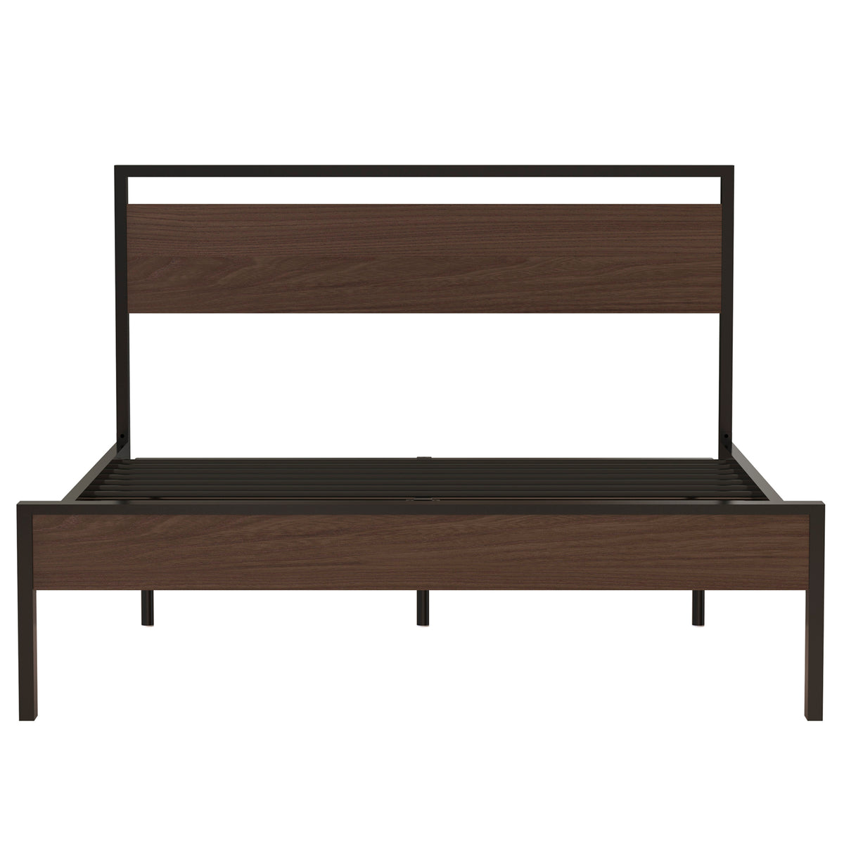 Queen Metal Platform Bed Frame With Wooden Headboard