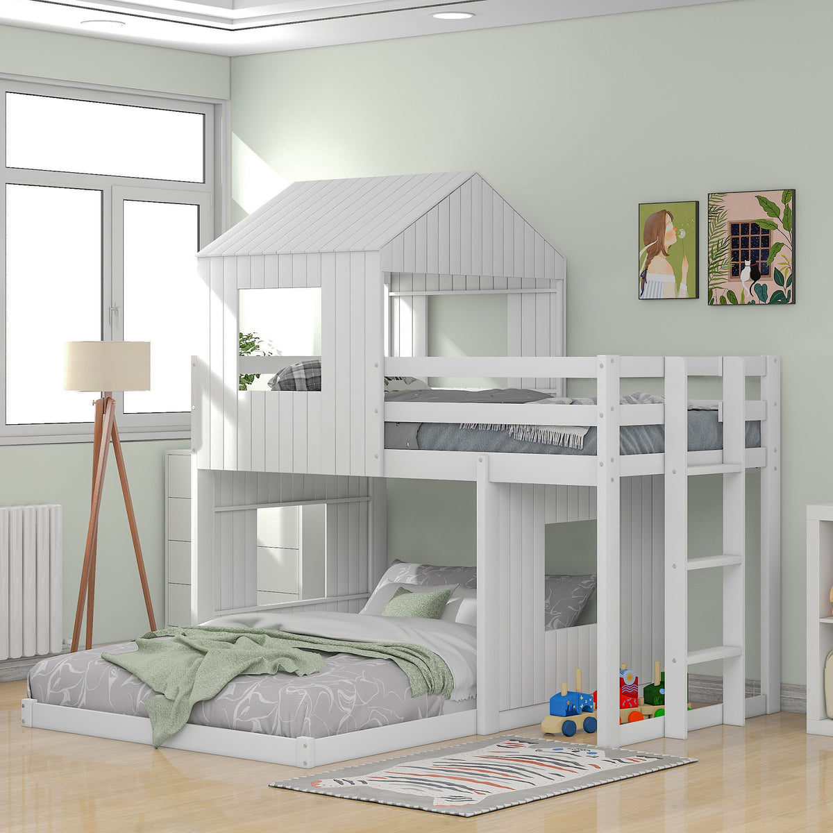 White Twin-Over-Full Solid Wood Playhouse Bunk Bed