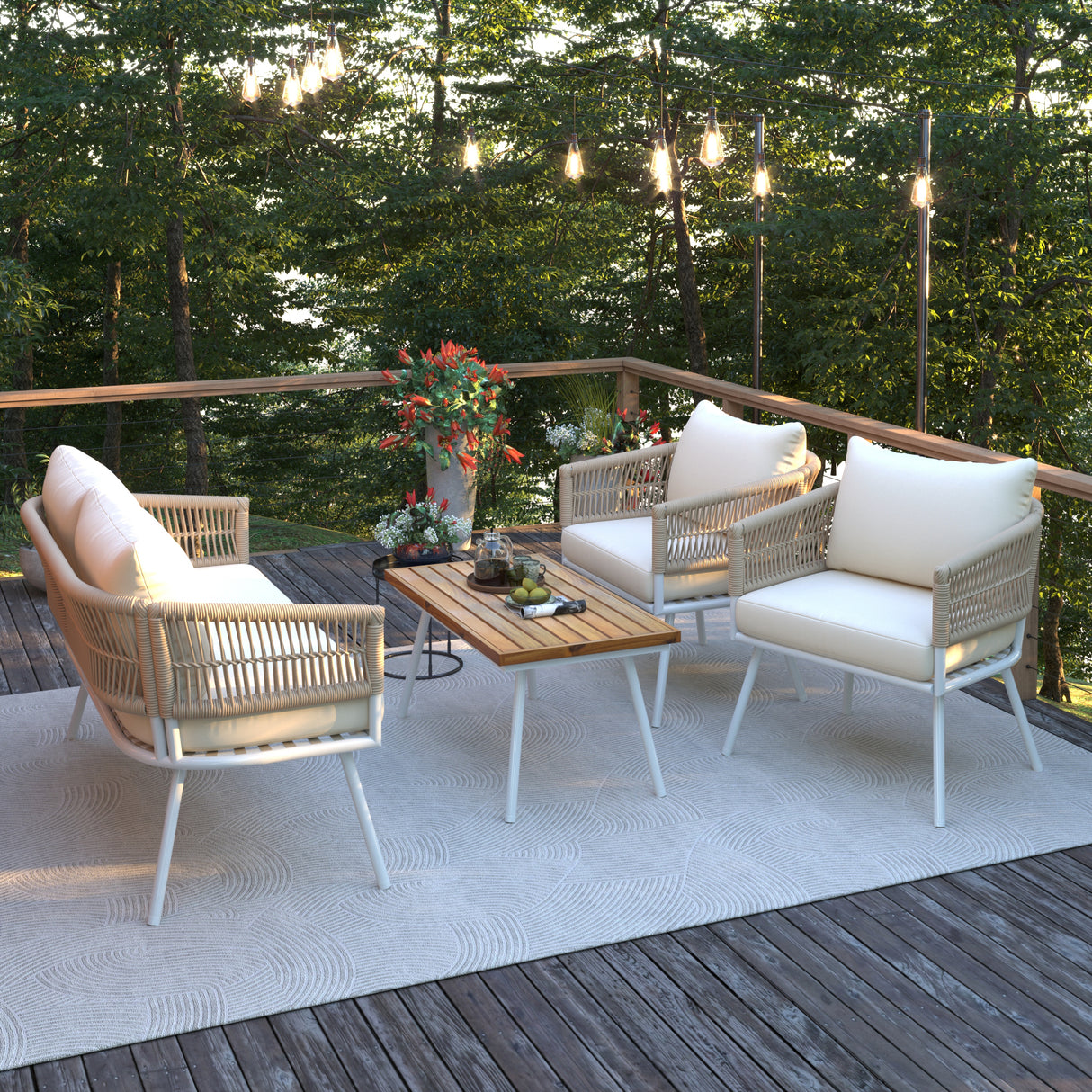 4-Piece Boho Rope Patio Furniture Set With Acacia Table