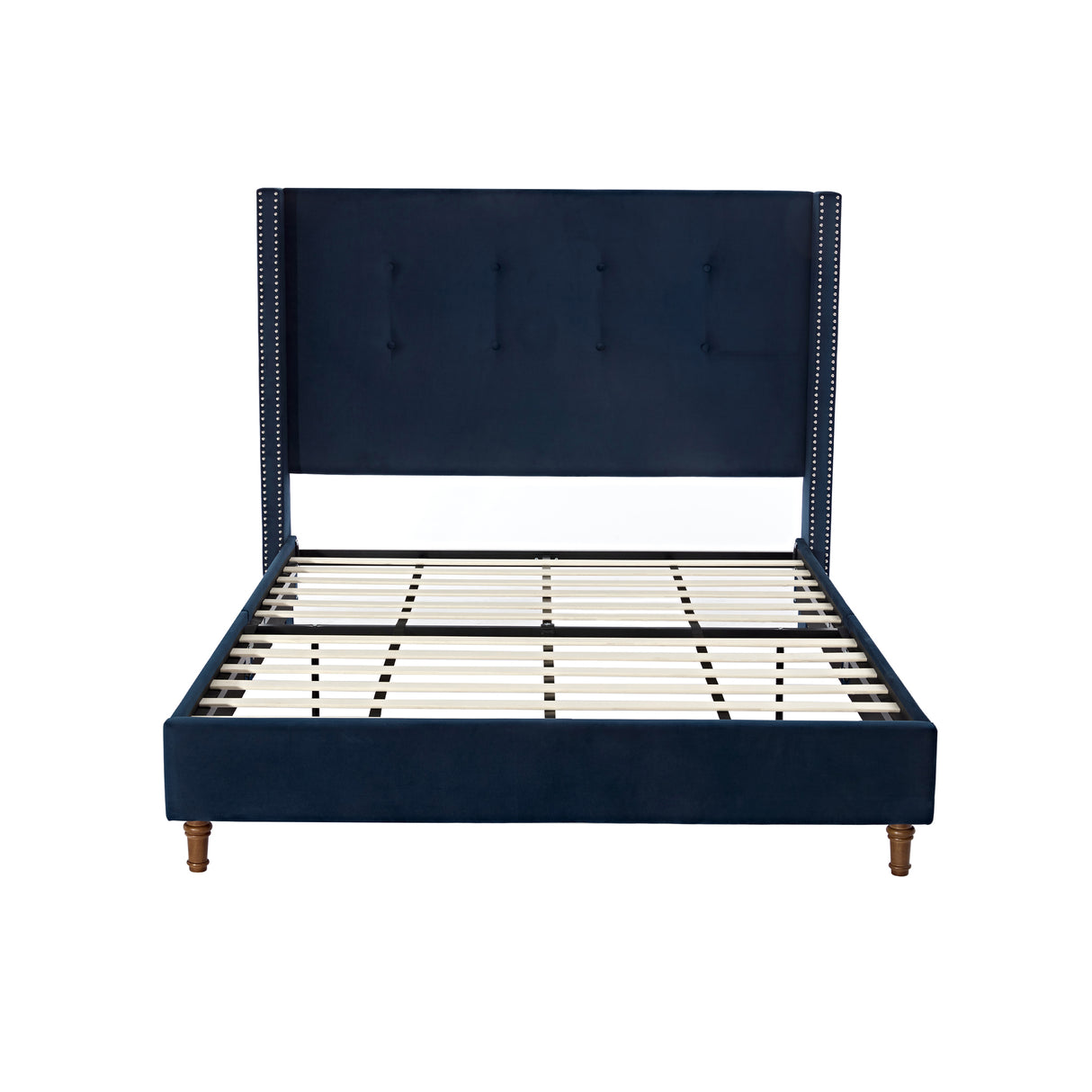 Queen Upholstered Blue Velvet Bed Frame With Tufted Headboard