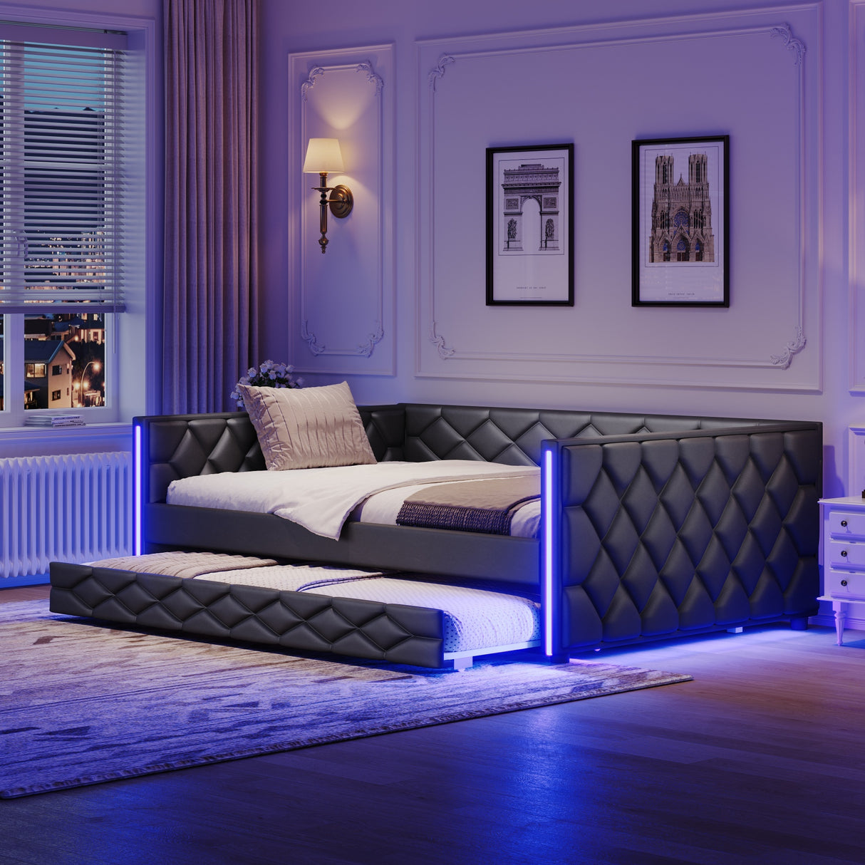Full XL Upholstered Daybed With Trundle And LED Lighting
