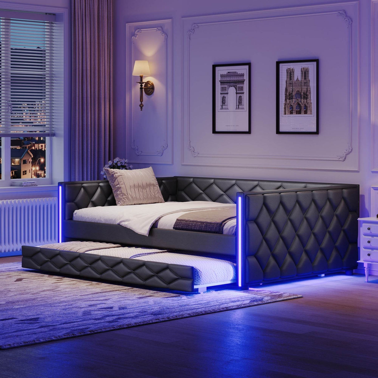 Full XL Upholstered Daybed With Trundle And LED Lighting