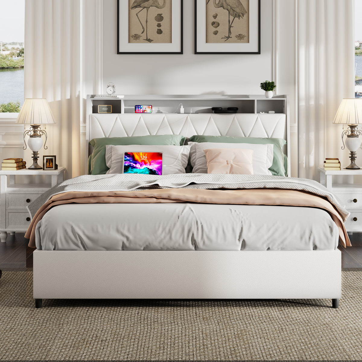 Queen Metal Platform Bed Frame With Ergonomic Headboard And Outlets