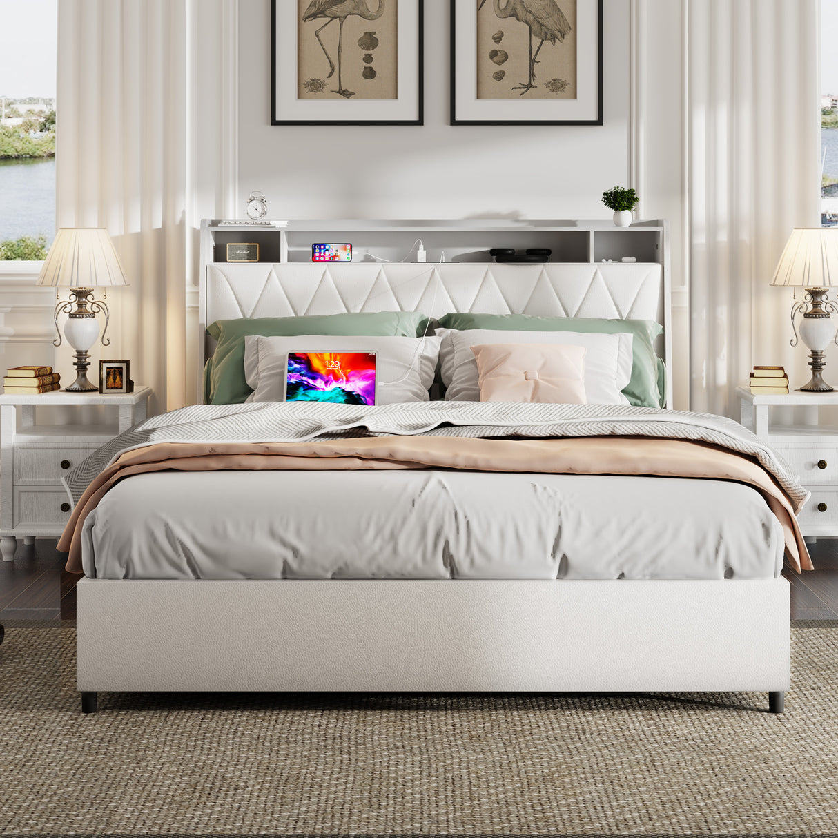 Queen Metal Platform Bed Frame With Ergonomic Headboard And Outlets