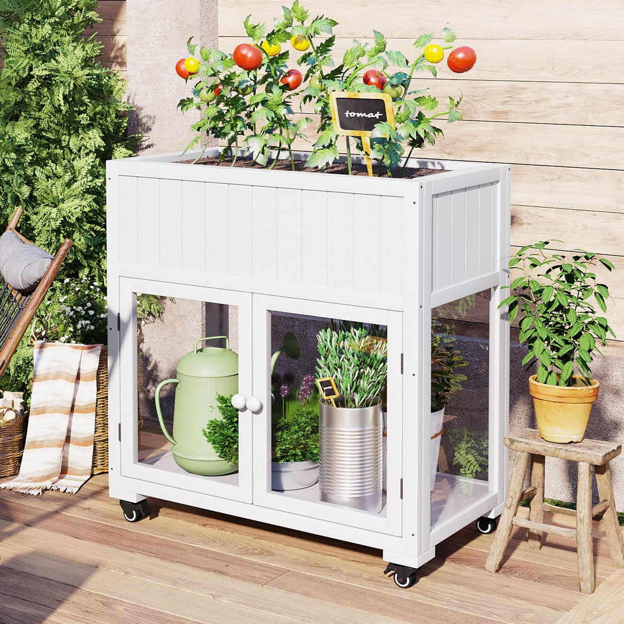 Mini Fir Wood Cold Frame Greenhouse With Wheels