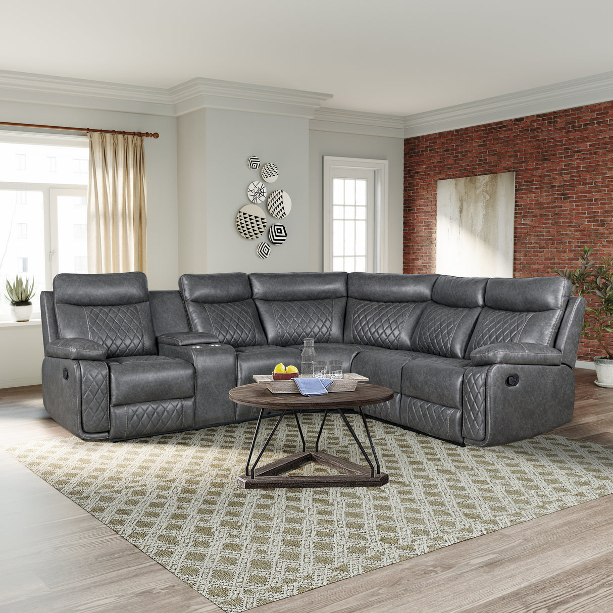 Manual Recliner Sofa With PU Upholstery And Cup Holders