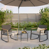 Gizoon 3 Pieces Rocking Patio Bistro Set with Anti-Scald Armrest, Outdoor Patio Wicker Furniture Set with Glass Table and Cushion for Garden, Yard, Porch Swing Chair Durable