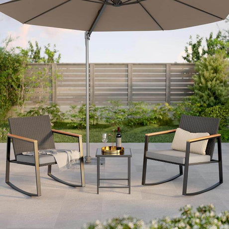 Gizoon 3 Pieces Rocking Patio Bistro Set with Anti-Scald Armrest, Outdoor Patio Wicker Furniture Set with Glass Table and Cushion for Garden, Yard, Porch Swing Chair Durable